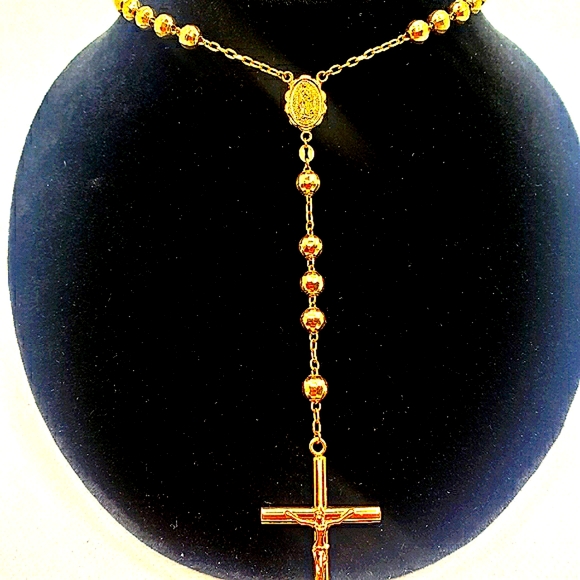 14K Solid Gold 6mm Bead Ball Rosary Necklace 26" Guadalupe Rosario Collar Oro - Picture 3 of 16